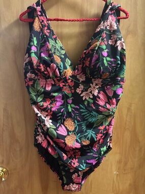 Black Floral One-Piece Swimsuit with Floral Print